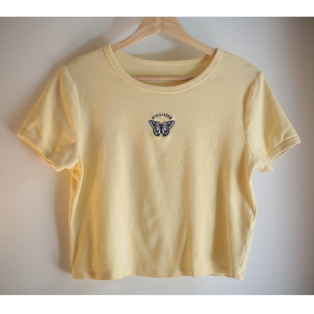Hollister Womens Yellow Butterfly Embroidered Crop Top T-Shirt Size M Cotton